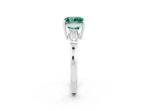 White gold Princess Cut Green Sapphire Three-Stone Ring with Tapered Baguette Side Stones and Prong Setting