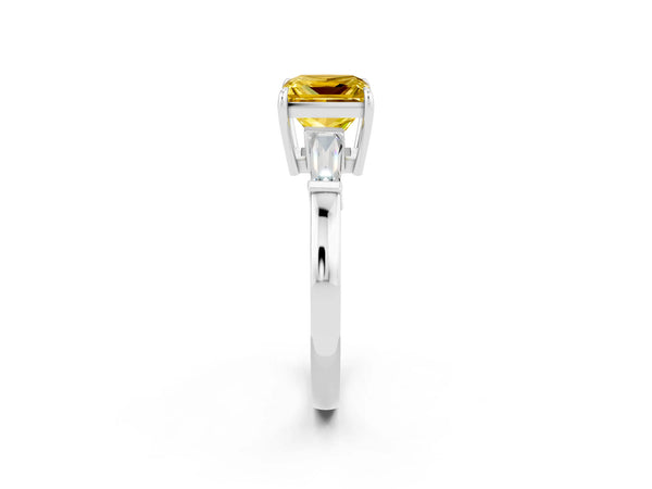 White gold Princess Cut Yellow Sapphire Three-Stone Ring with Tapered Baguette Side Stones and Prong Setting