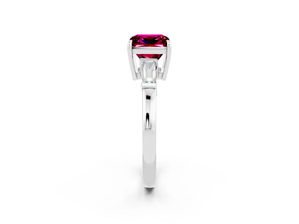Platinum Princess Cut Garnet Three-Stone Ring with Tapered Baguette Side Stones and Prong Setting