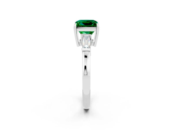 Platinum Princess Cut Emerald Three-Stone Ring with Tapered Baguette Side Stones and Prong Setting