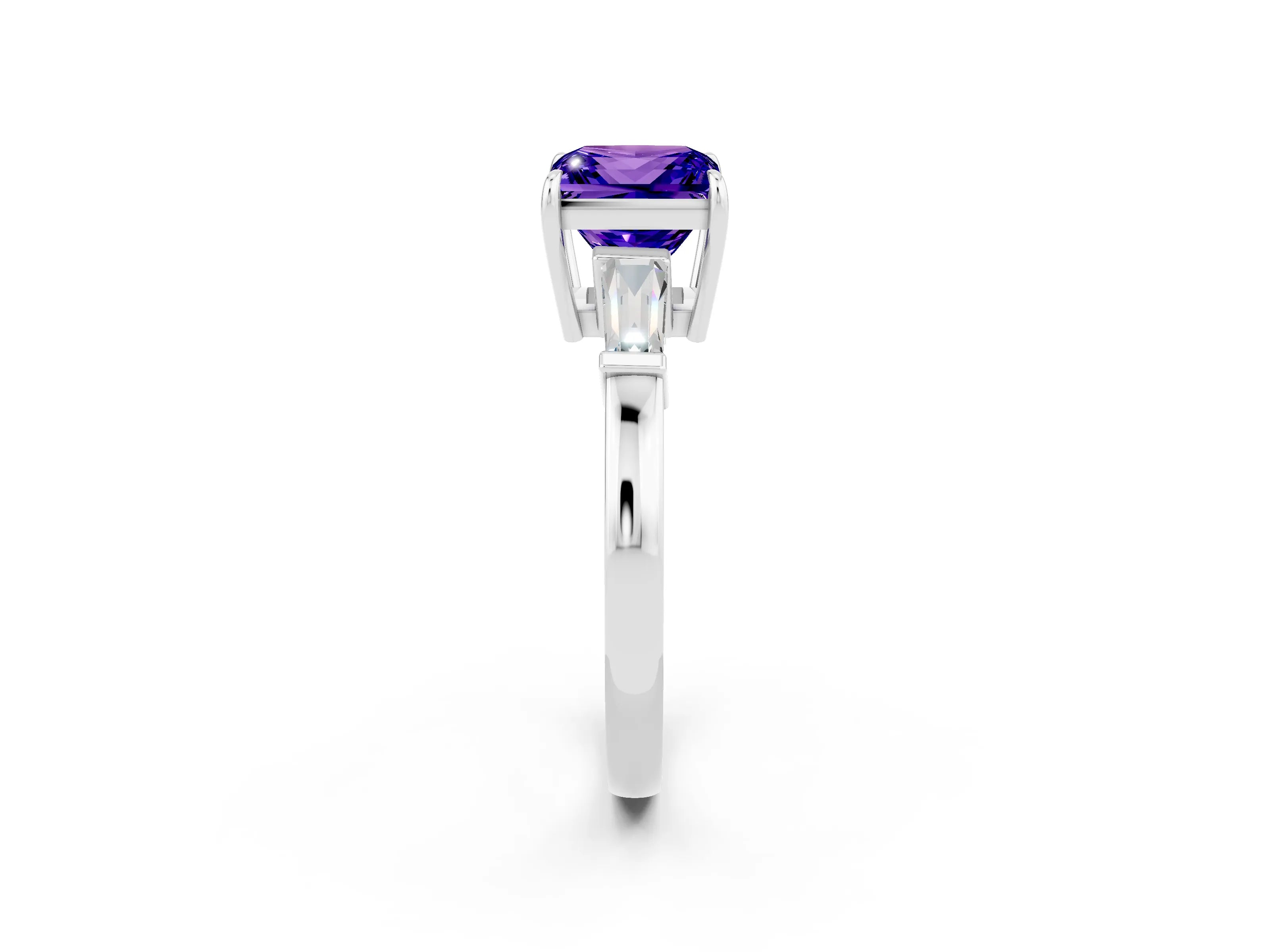 White gold Princess Cut Cut Diamond Ring with Tapered Baguette Side Stones in Four-Prong Setting_2