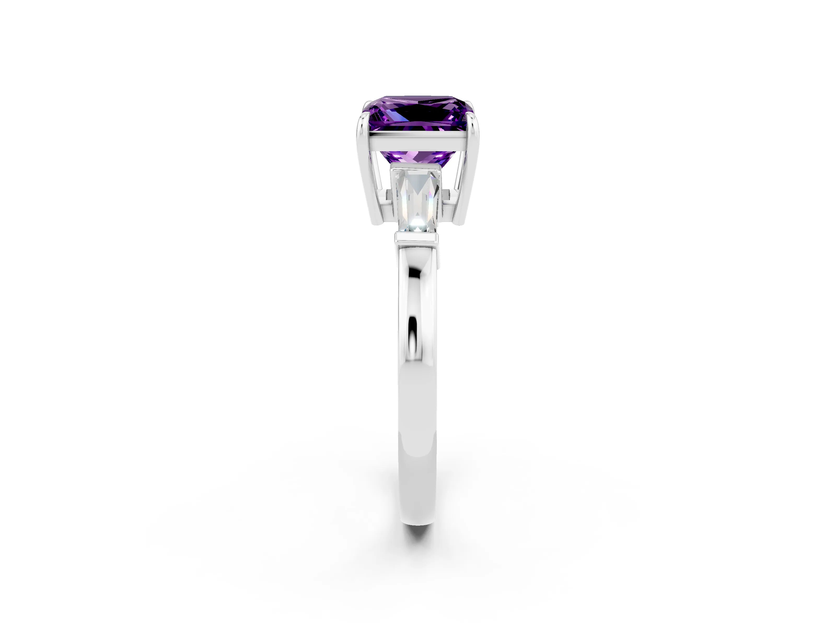White gold Princess Cut Cut Diamond Ring with Tapered Baguette Side Stones in Four-Prong Setting_2