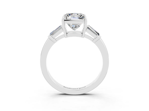 Platinum Princess Cut Moissanite Three-Stone Ring with Tapered Baguette Side Stones and Prong Setting