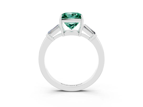 Silver Princess Cut Green Sapphire Three-Stone Ring with Tapered Baguette Side Stones and Prong Setting