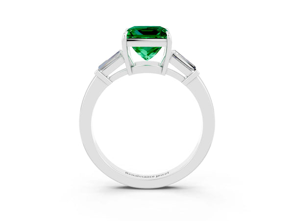 Silver Princess Cut Emerald Three-Stone Ring with Tapered Baguette Side Stones and Prong Setting