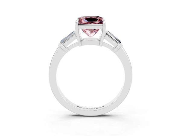 Silver Princess Cut Cut Diamond Ring with Tapered Baguette Side Stones in Four-Prong Setting
