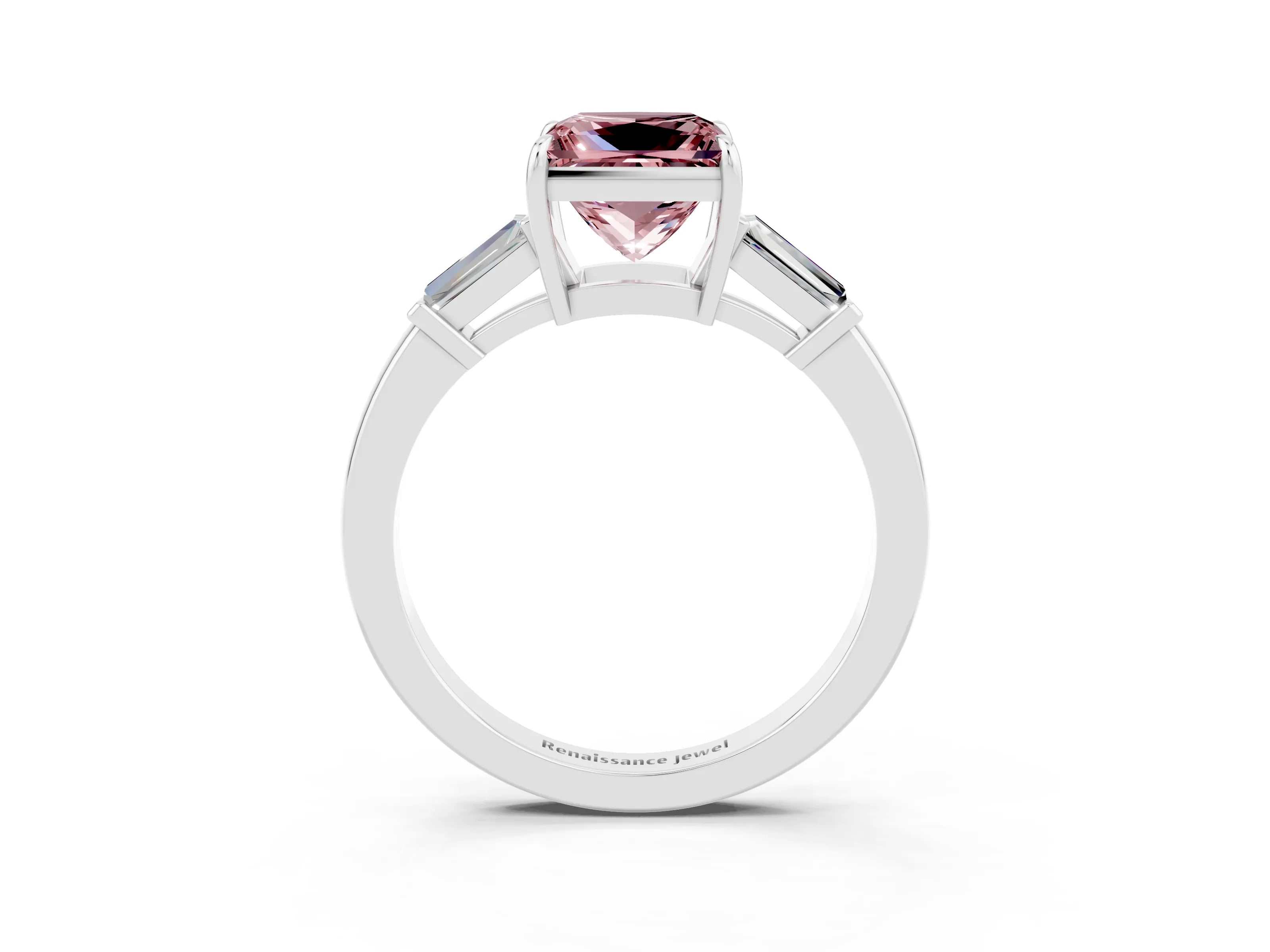 White gold Princess Cut Cut Diamond Ring with Tapered Baguette Side Stones in Four-Prong Setting_3