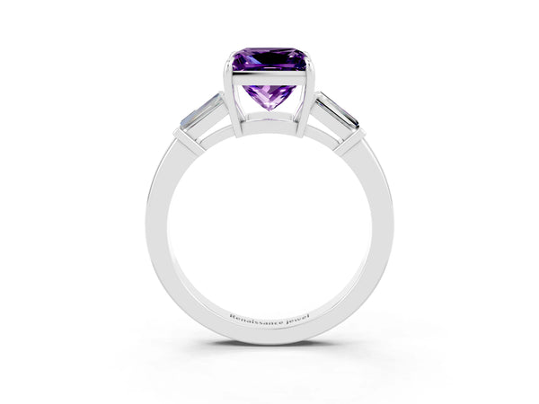 Silver Princess Cut Amethyst Three-Stone Ring with Tapered Baguette Side Stones and Prong Setting