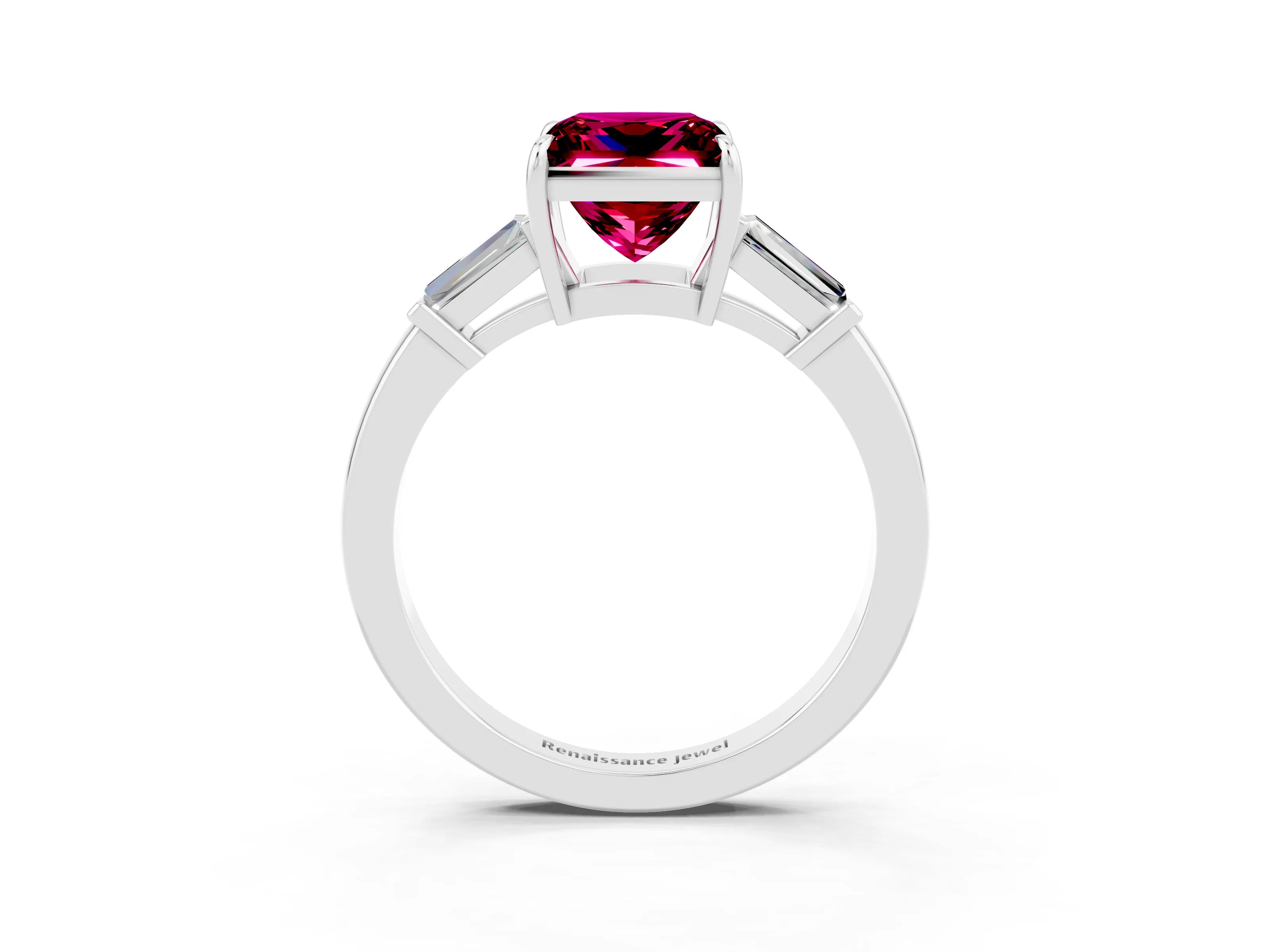 White gold Princess Cut Cut Diamond Ring with Tapered Baguette Side Stones in Four-Prong Setting_3
