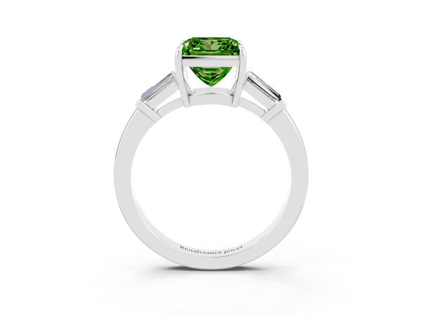 White gold Princess Cut Cut Diamond Ring with Tapered Baguette Side Stones in Four-Prong Setting