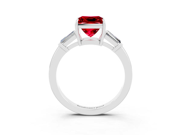Platinum Princess Cut Cut Diamond Ring with Tapered Baguette Side Stones in Four-Prong Setting