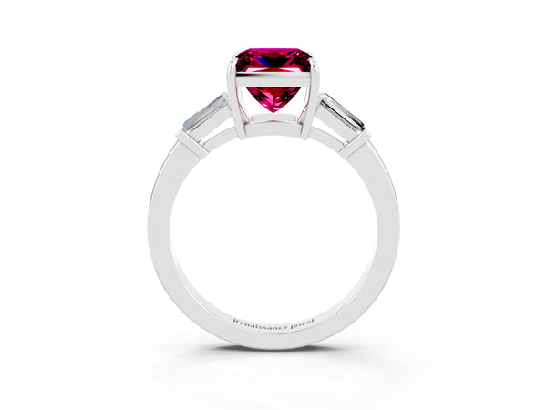 Platinum Princess Cut Garnet Three-Stone Ring with Tapered Baguette Side Stones and Prong Setting