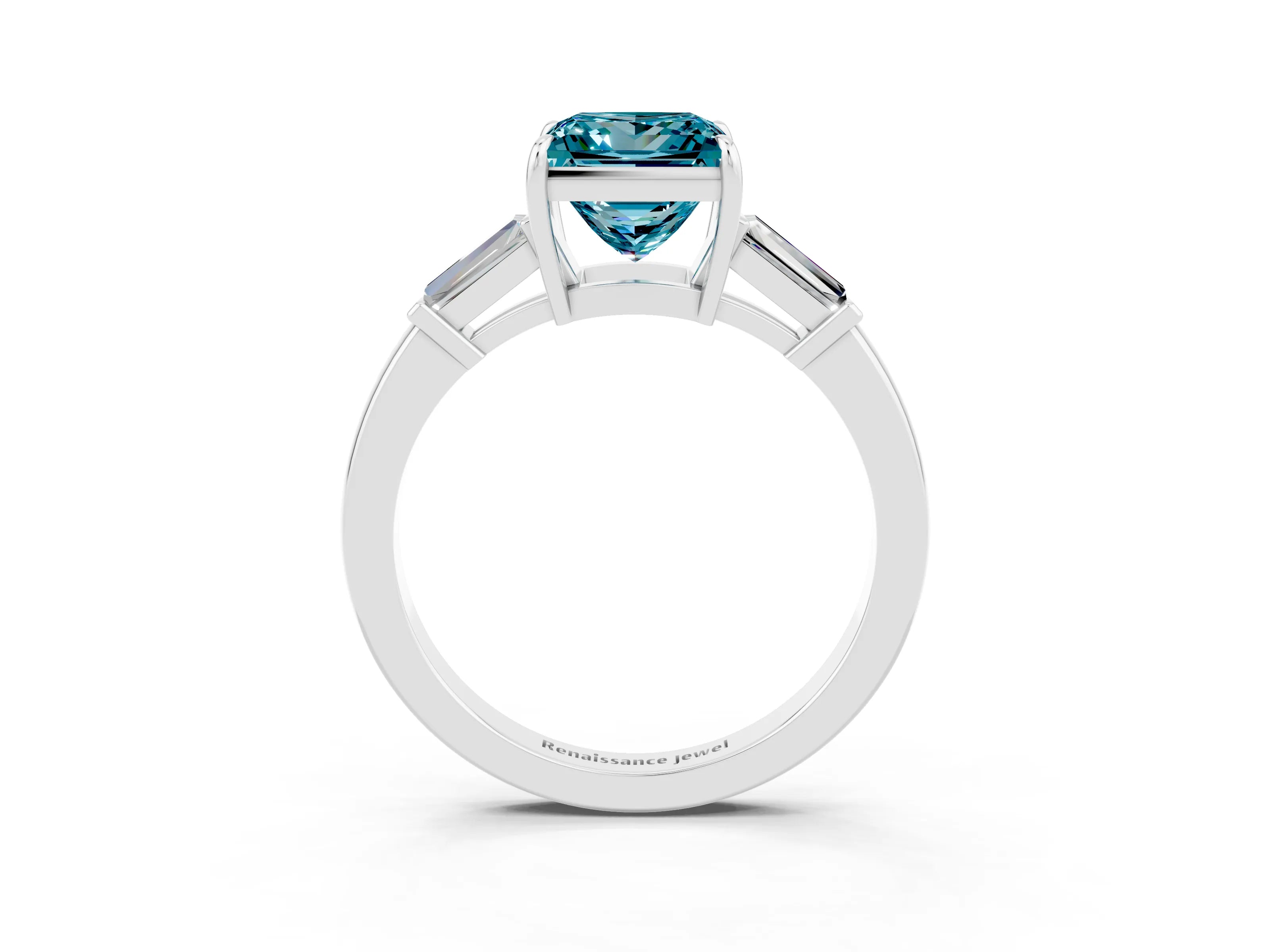 White gold Princess Cut Cut Diamond Ring with Tapered Baguette Side Stones in Four-Prong Setting_3