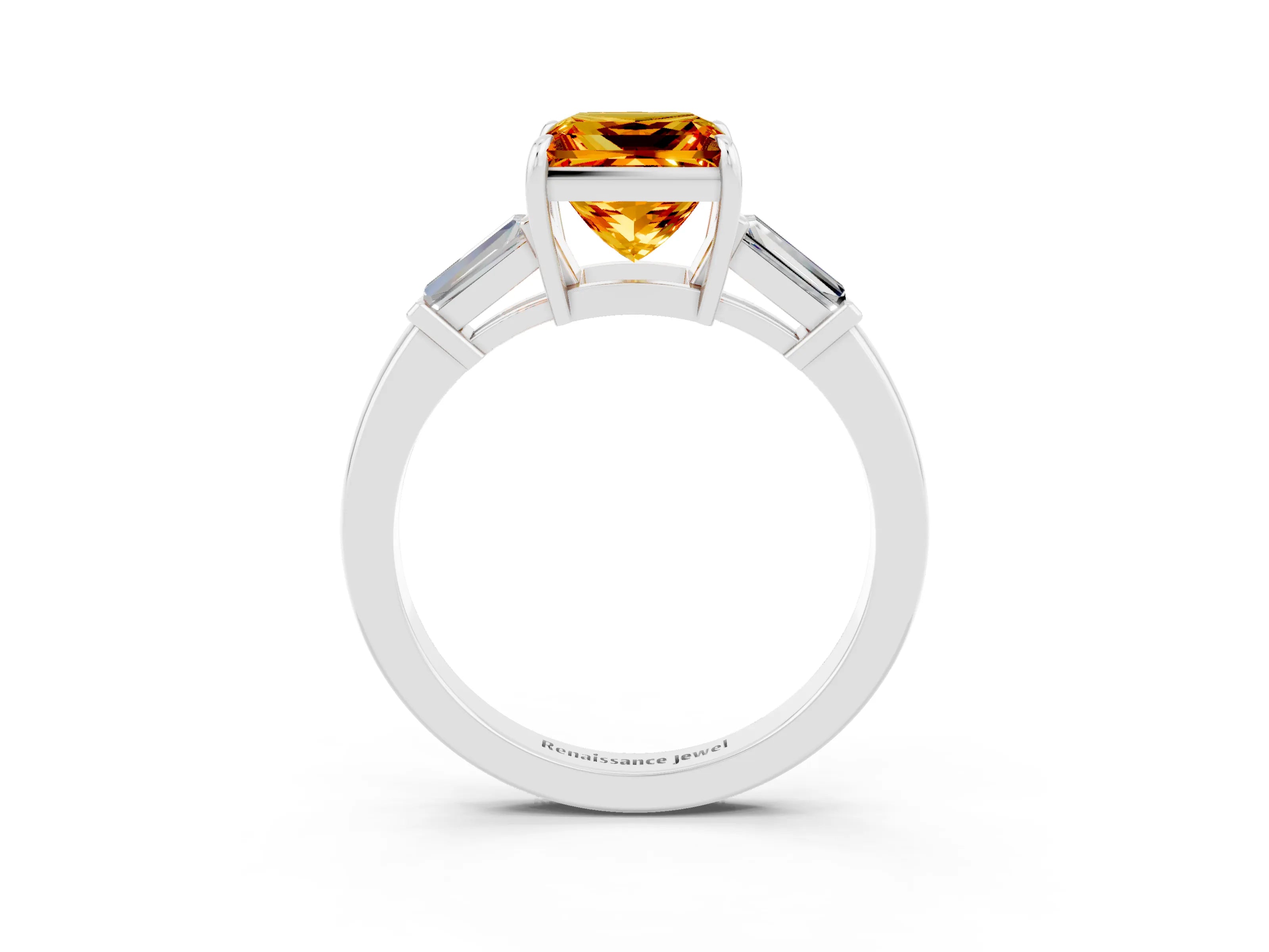 White gold Princess Cut Cut Diamond Ring with Tapered Baguette Side Stones in Four-Prong Setting_3