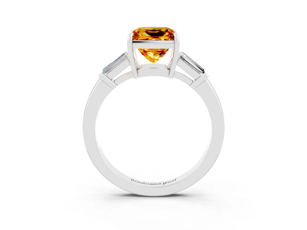 Platinum Princess Cut Citrine Three-Stone Ring with Tapered Baguette Side Stones and Prong Setting