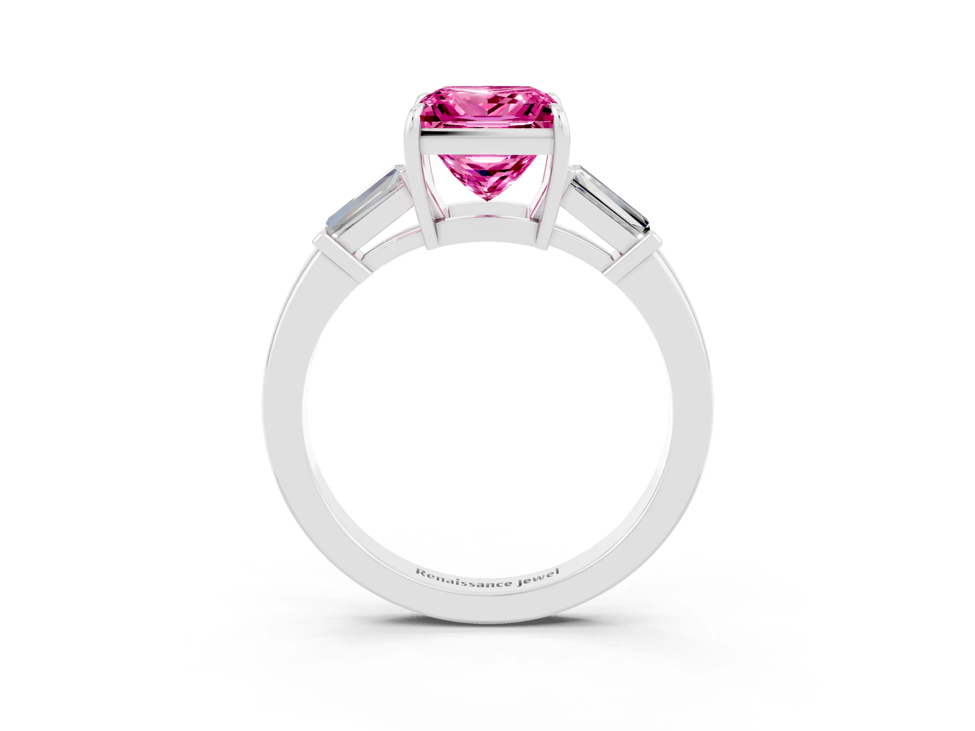 White gold Princess Cut Cut Diamond Ring with Tapered Baguette Side Stones in Four-Prong Setting_3