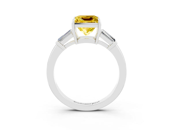 White gold Princess Cut Yellow Sapphire Three-Stone Ring with Tapered Baguette Side Stones and Prong Setting