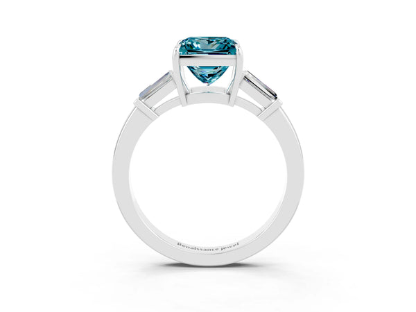 Silver Princess Cut Cut Diamond Ring with Tapered Baguette Side Stones in Four-Prong Setting