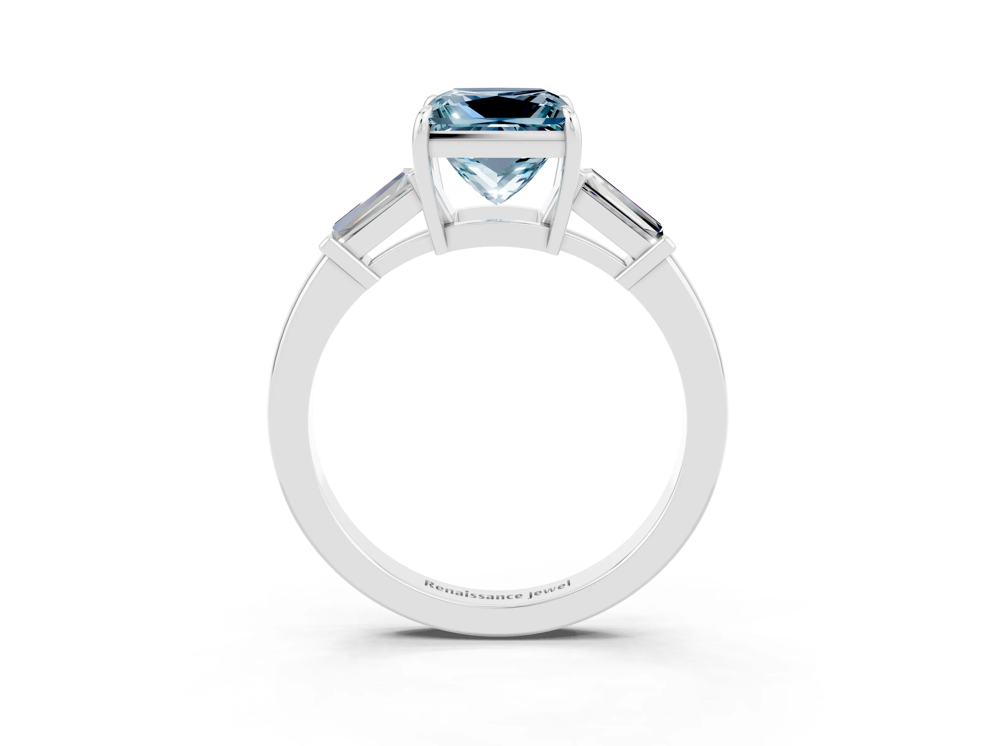 White gold Princess Cut Cut Diamond Ring with Tapered Baguette Side Stones in Four-Prong Setting_3
