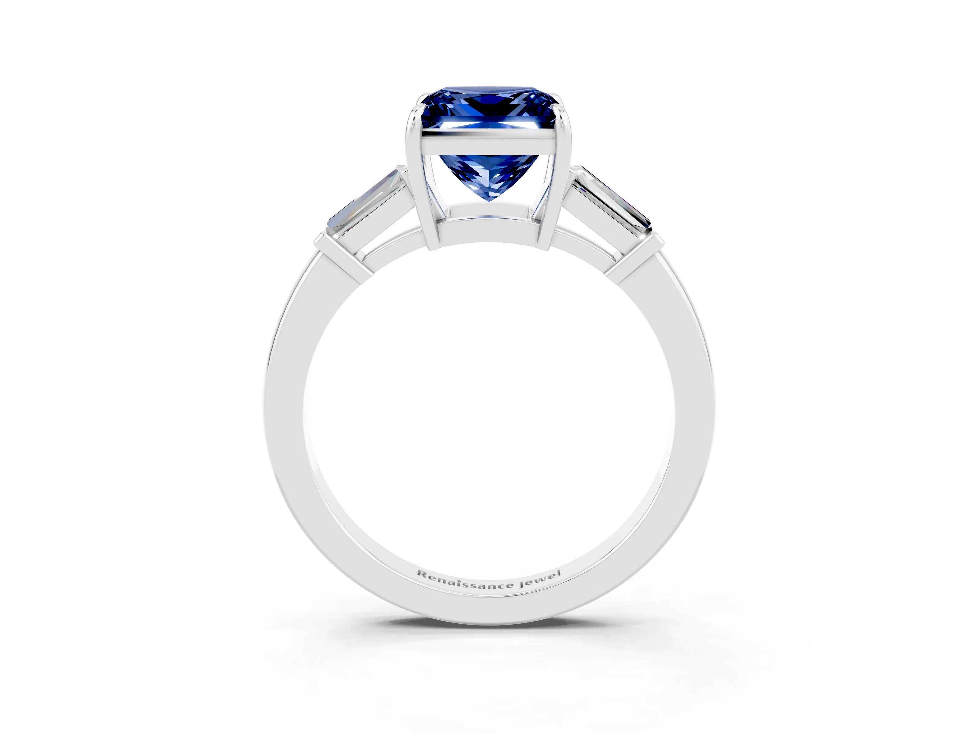 White gold Princess Cut Cut Diamond Ring with Tapered Baguette Side Stones in Four-Prong Setting_3