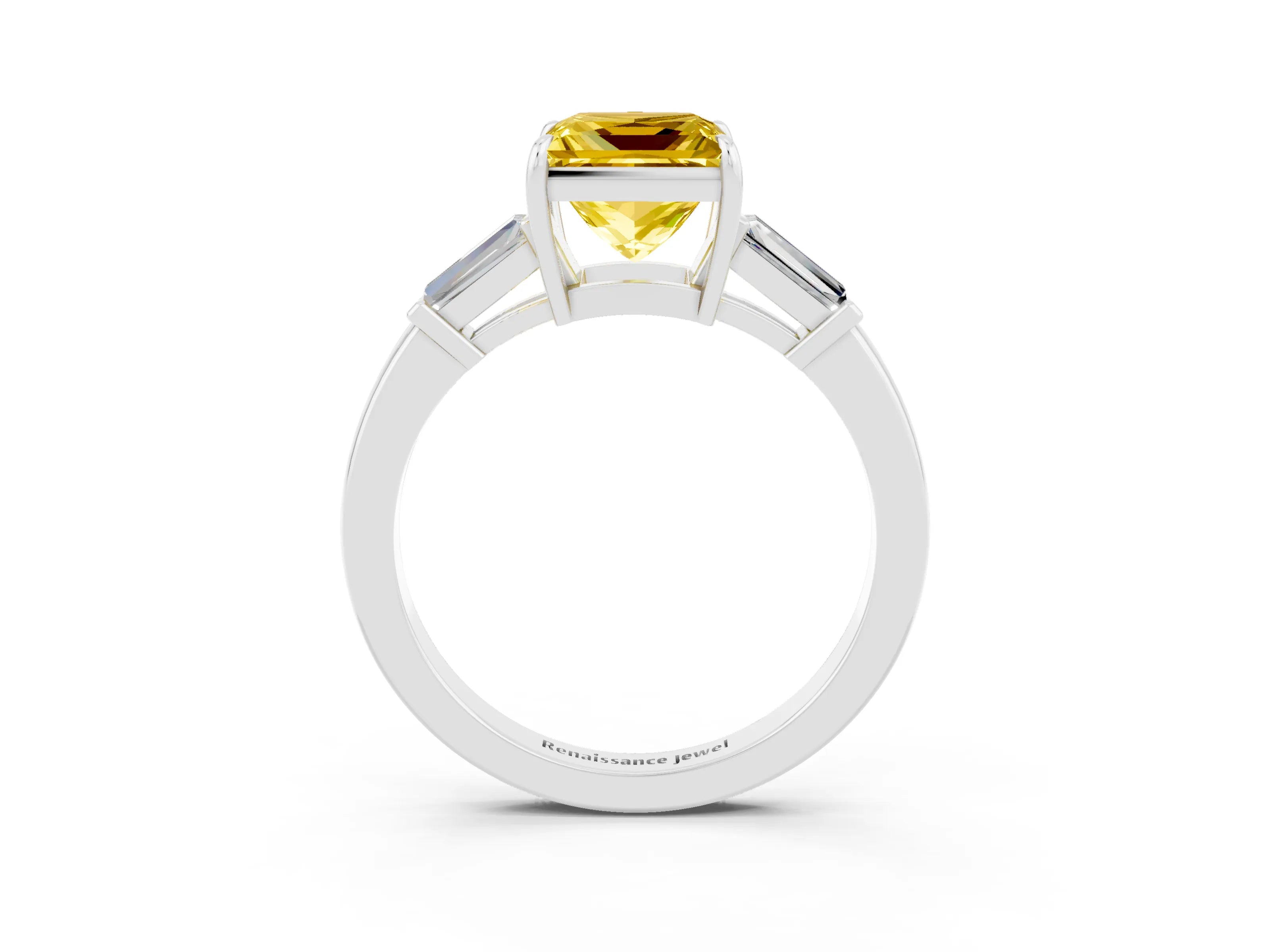 White gold Princess Cut Cut Diamond Ring with Tapered Baguette Side Stones in Four-Prong Setting_3