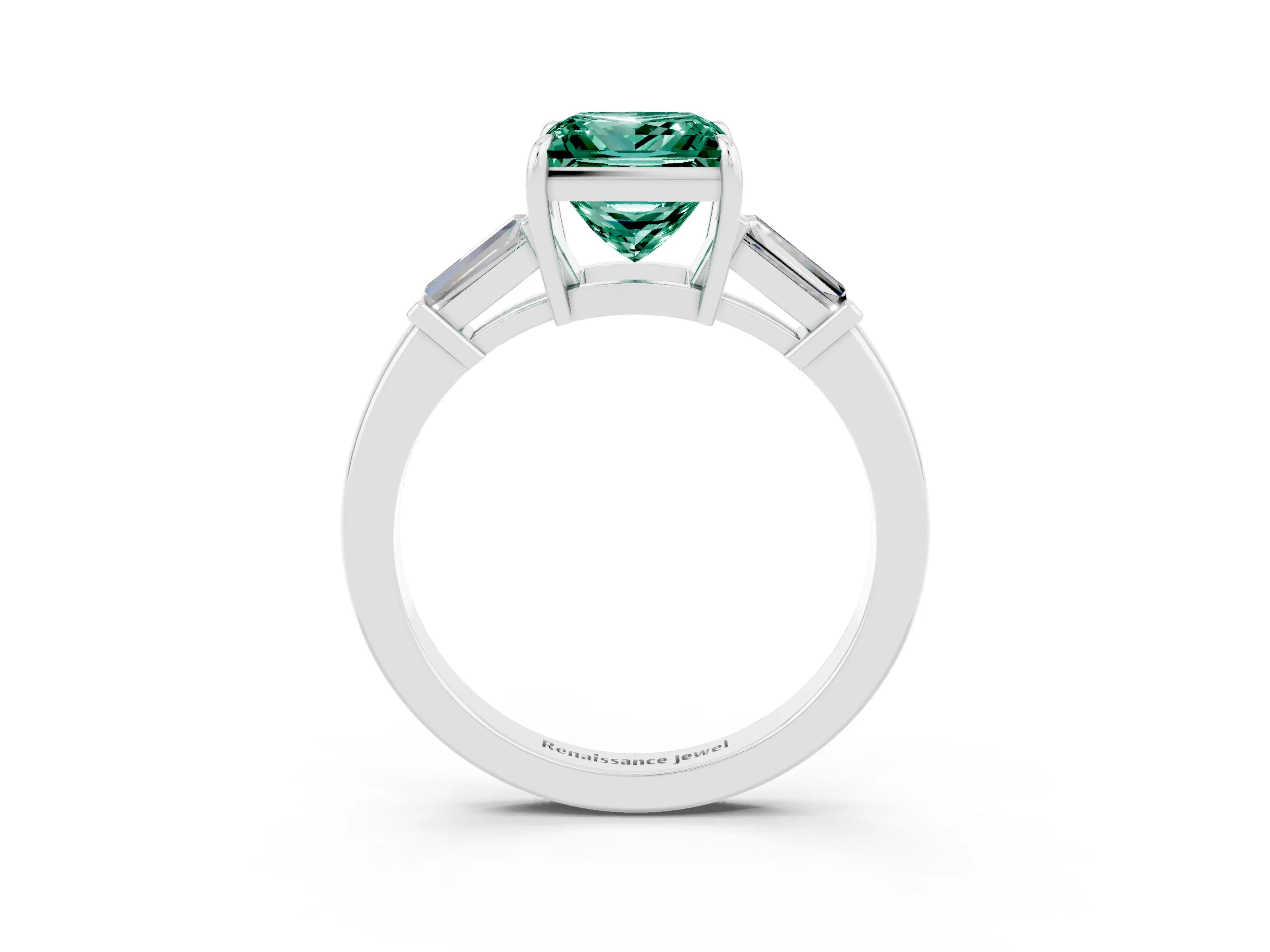 White gold Princess Cut Cut Diamond Ring with Tapered Baguette Side Stones in Four-Prong Setting_3