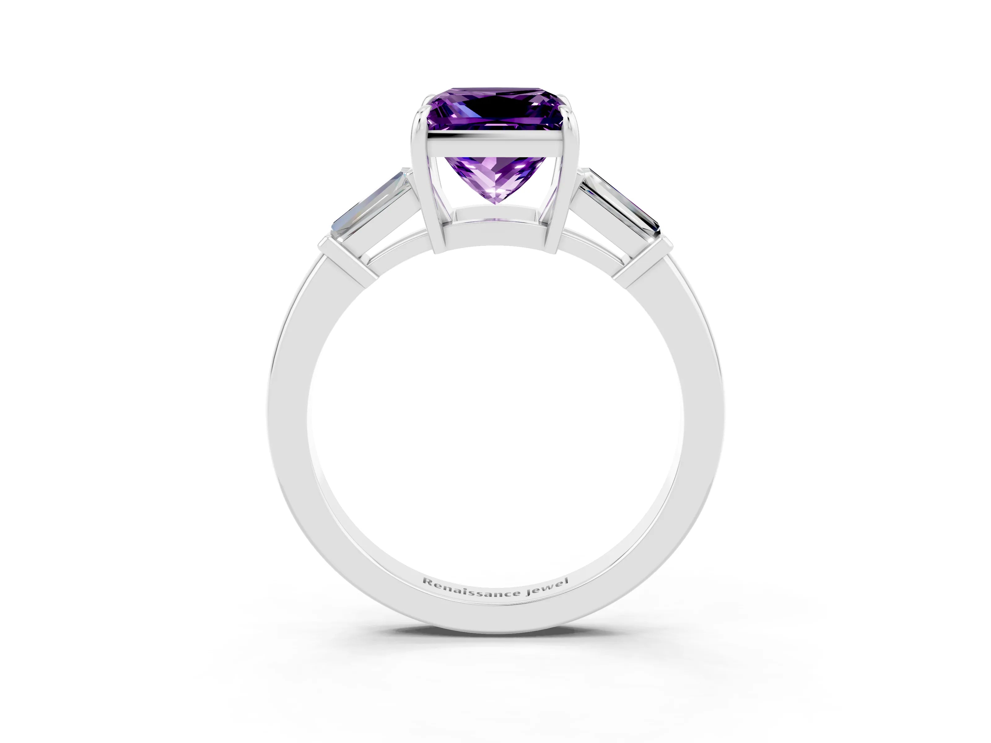 White gold Princess Cut Cut Diamond Ring with Tapered Baguette Side Stones in Four-Prong Setting_3