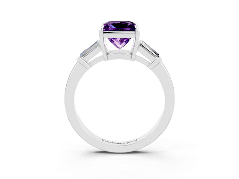 White gold Princess Cut Cut Diamond Ring with Tapered Baguette Side Stones in Four-Prong Setting_3