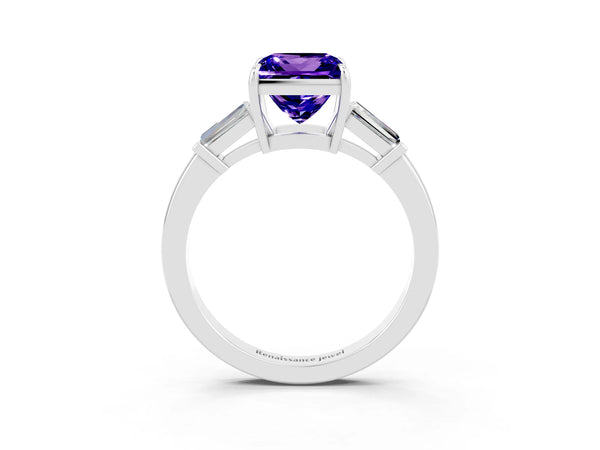 White gold Princess Cut Tanzanite Three-Stone Ring with Tapered Baguette Side Stones and Prong Setting