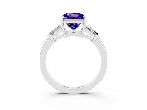 White gold Princess Cut Cut Diamond Ring with Tapered Baguette Side Stones in Four-Prong Setting_3