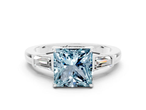 White gold Princess Cut Cut Diamond Ring with Tapered Baguette Side Stones in Four-Prong Setting