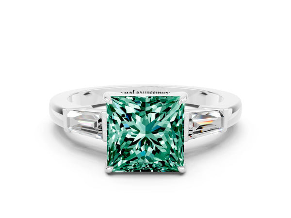 Silver Princess Cut Green Sapphire Three-Stone Ring with Tapered Baguette Side Stones and Prong Setting