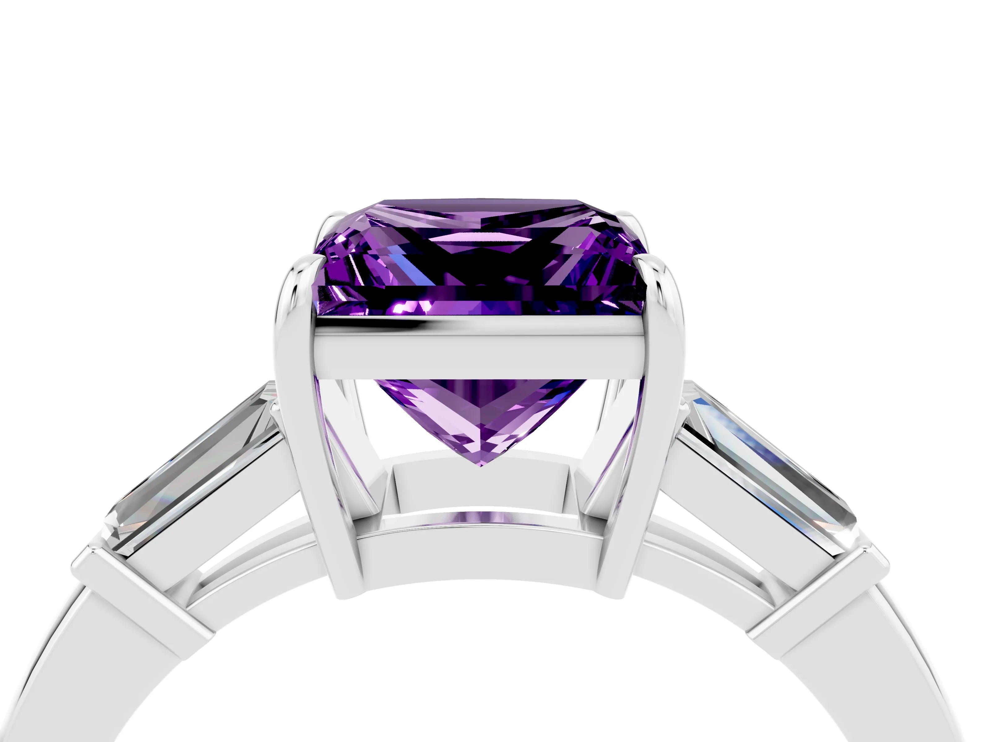 White gold Princess Cut Cut Diamond Ring with Tapered Baguette Side Stones in Four-Prong Setting_4