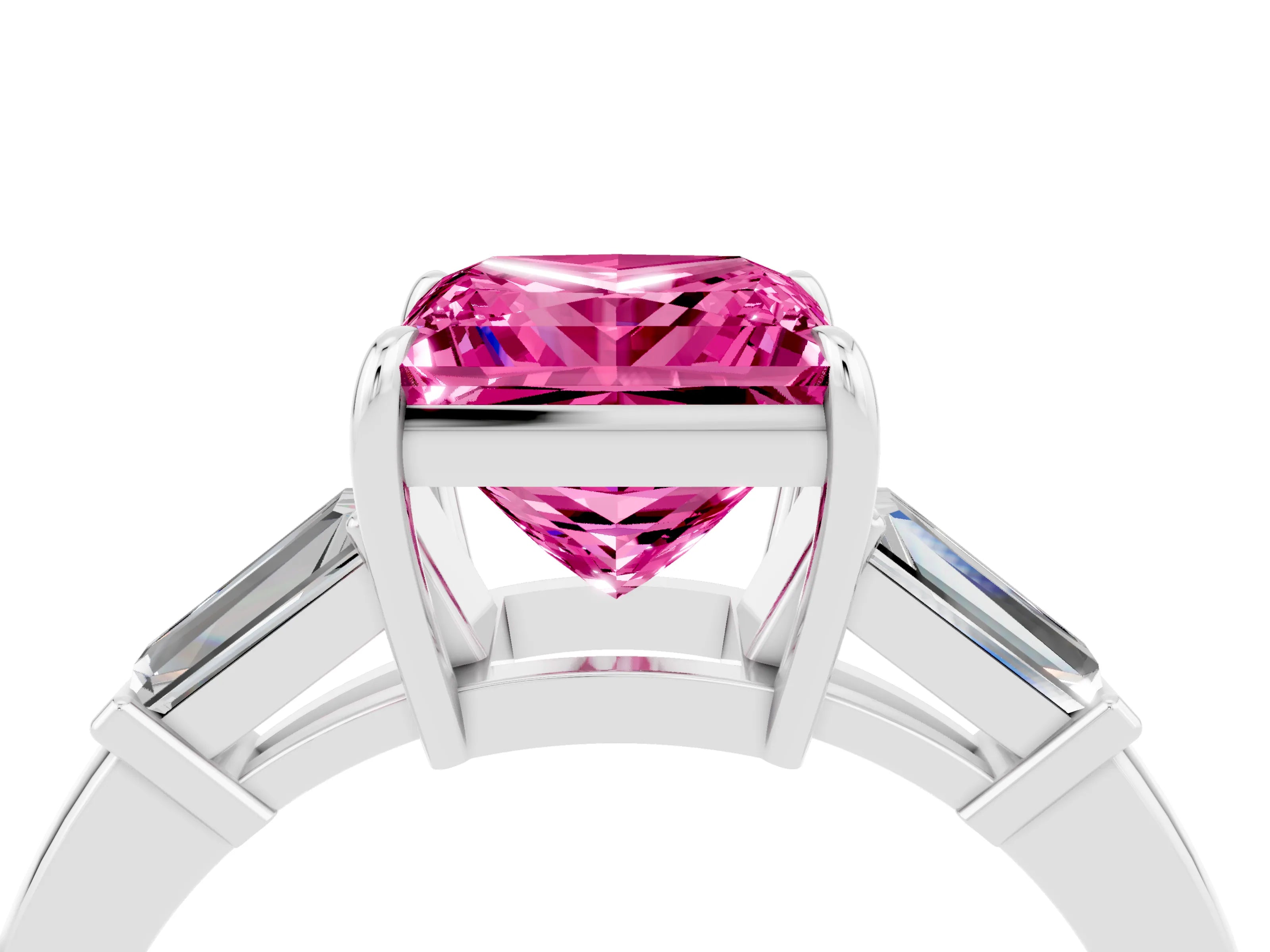 White gold Princess Cut Cut Diamond Ring with Tapered Baguette Side Stones in Four-Prong Setting_4
