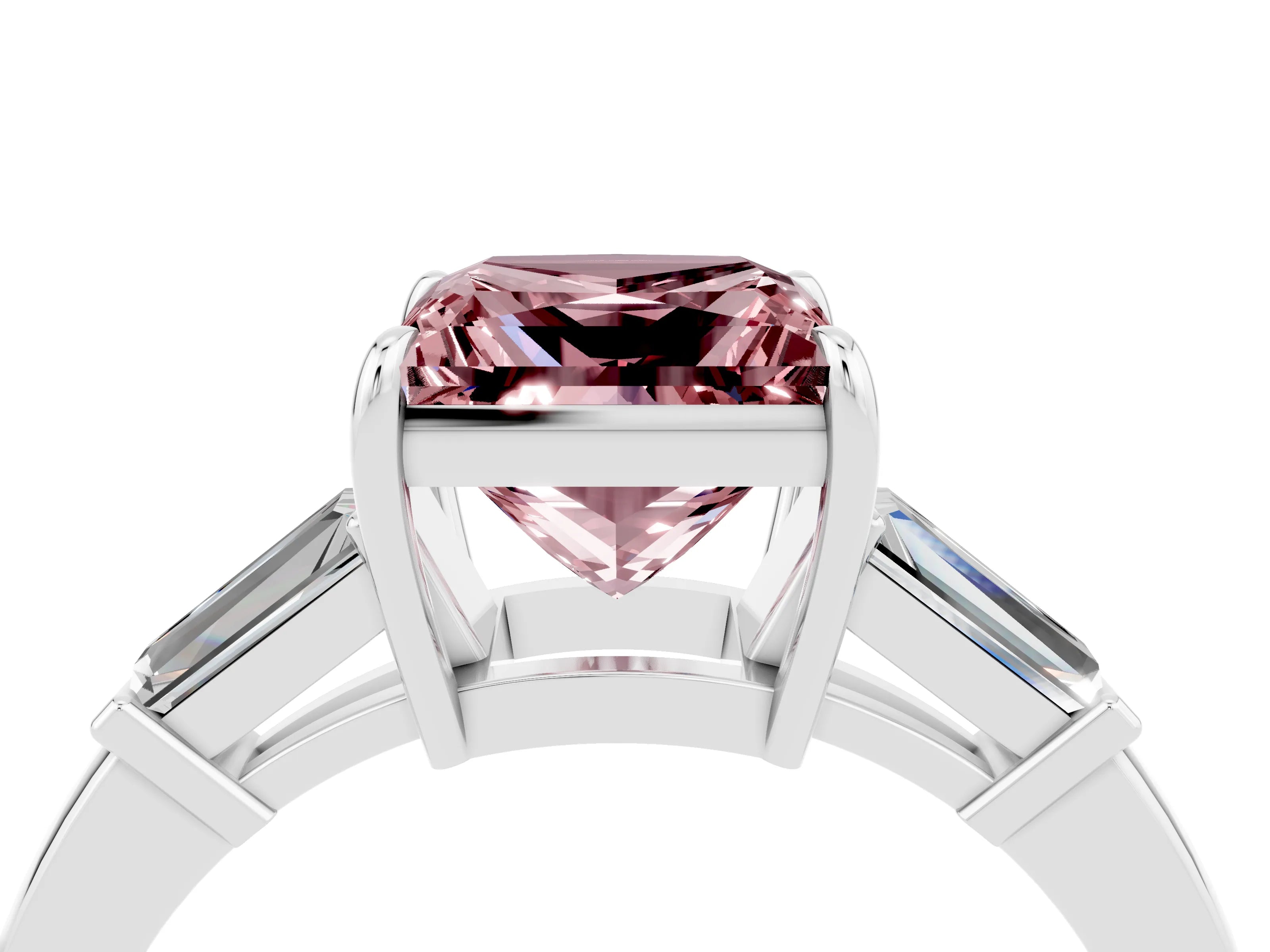White gold Princess Cut Cut Diamond Ring with Tapered Baguette Side Stones in Four-Prong Setting_4