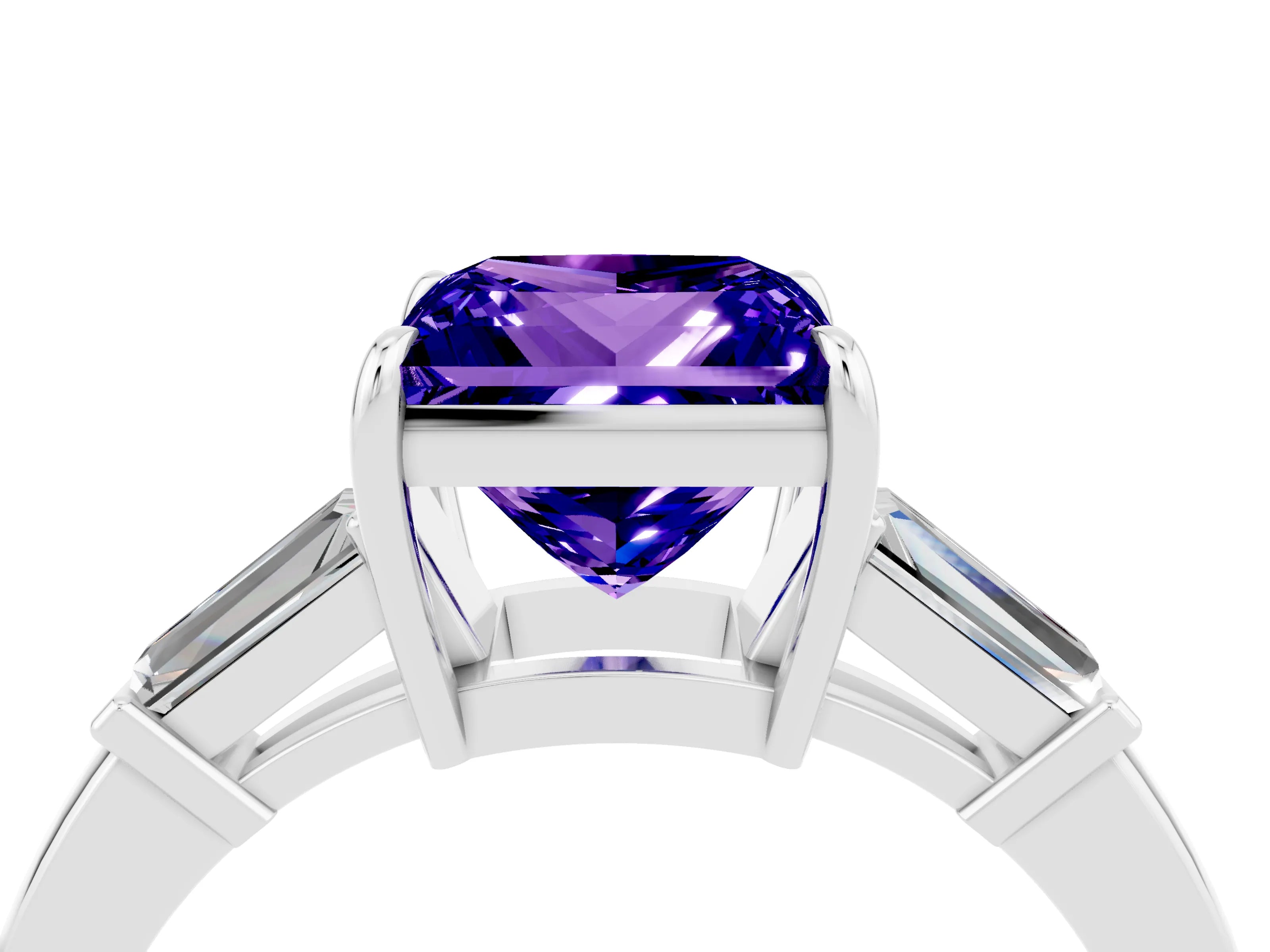 White gold Princess Cut Cut Diamond Ring with Tapered Baguette Side Stones in Four-Prong Setting_4