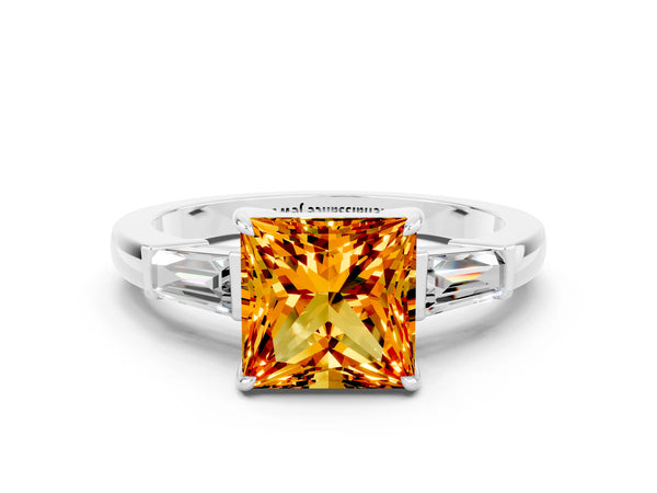 Silver Princess Cut Citrine Three-Stone Ring with Tapered Baguette Side Stones and Prong Setting