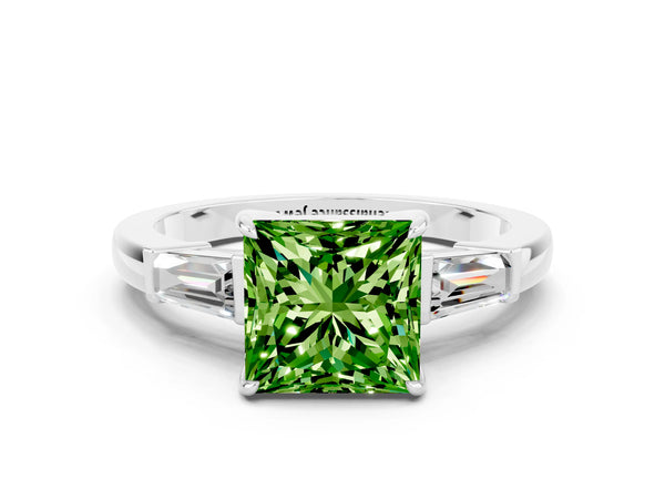 Silver Princess Cut Cut Diamond Ring with Tapered Baguette Side Stones in Four-Prong Setting
