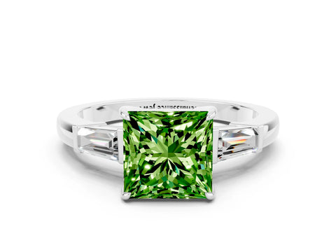 White gold Princess Cut Cut Diamond Ring with Tapered Baguette Side Stones in Four-Prong Setting