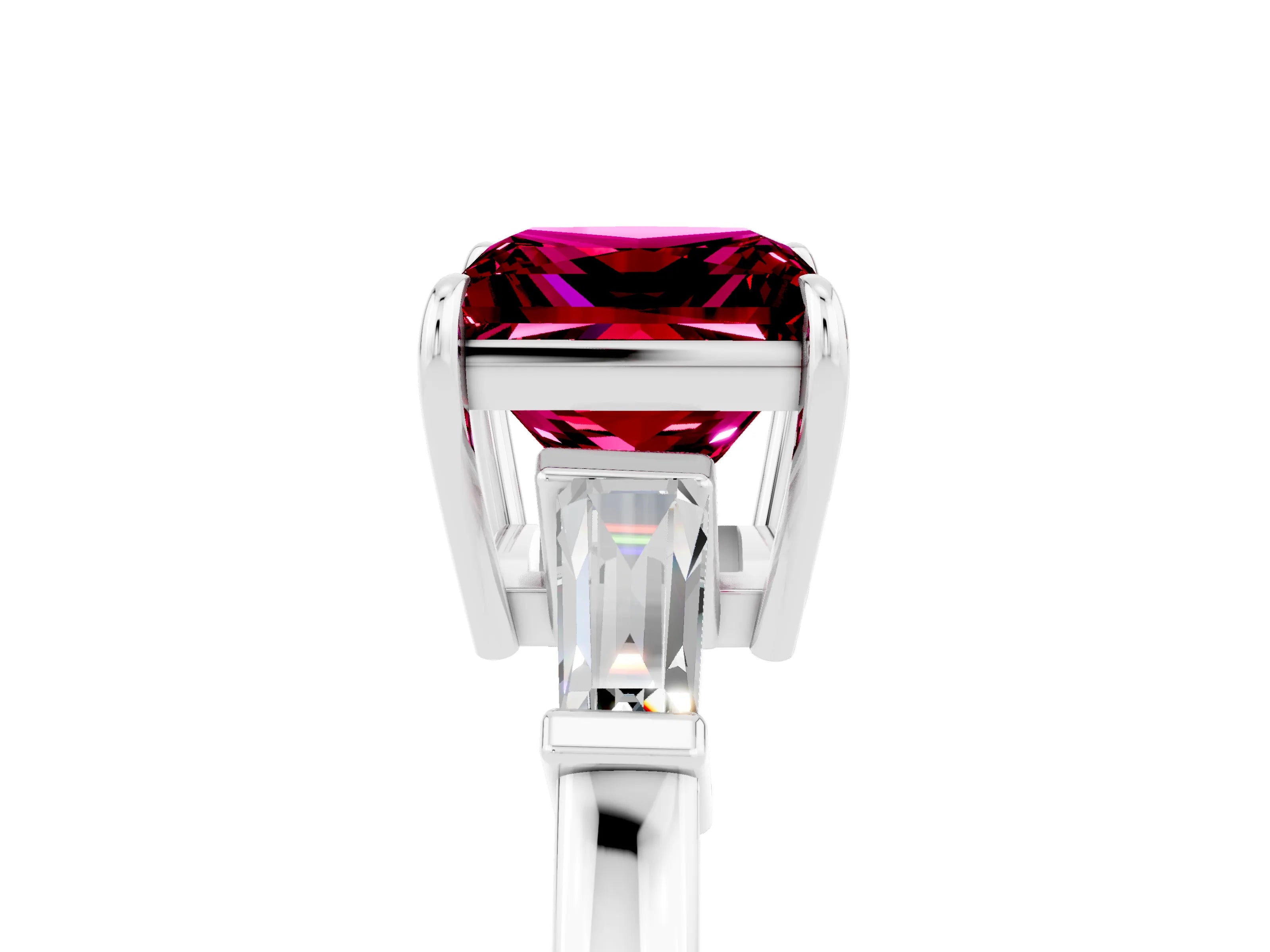 White gold Princess Cut Cut Diamond Ring with Tapered Baguette Side Stones in Four-Prong Setting_5