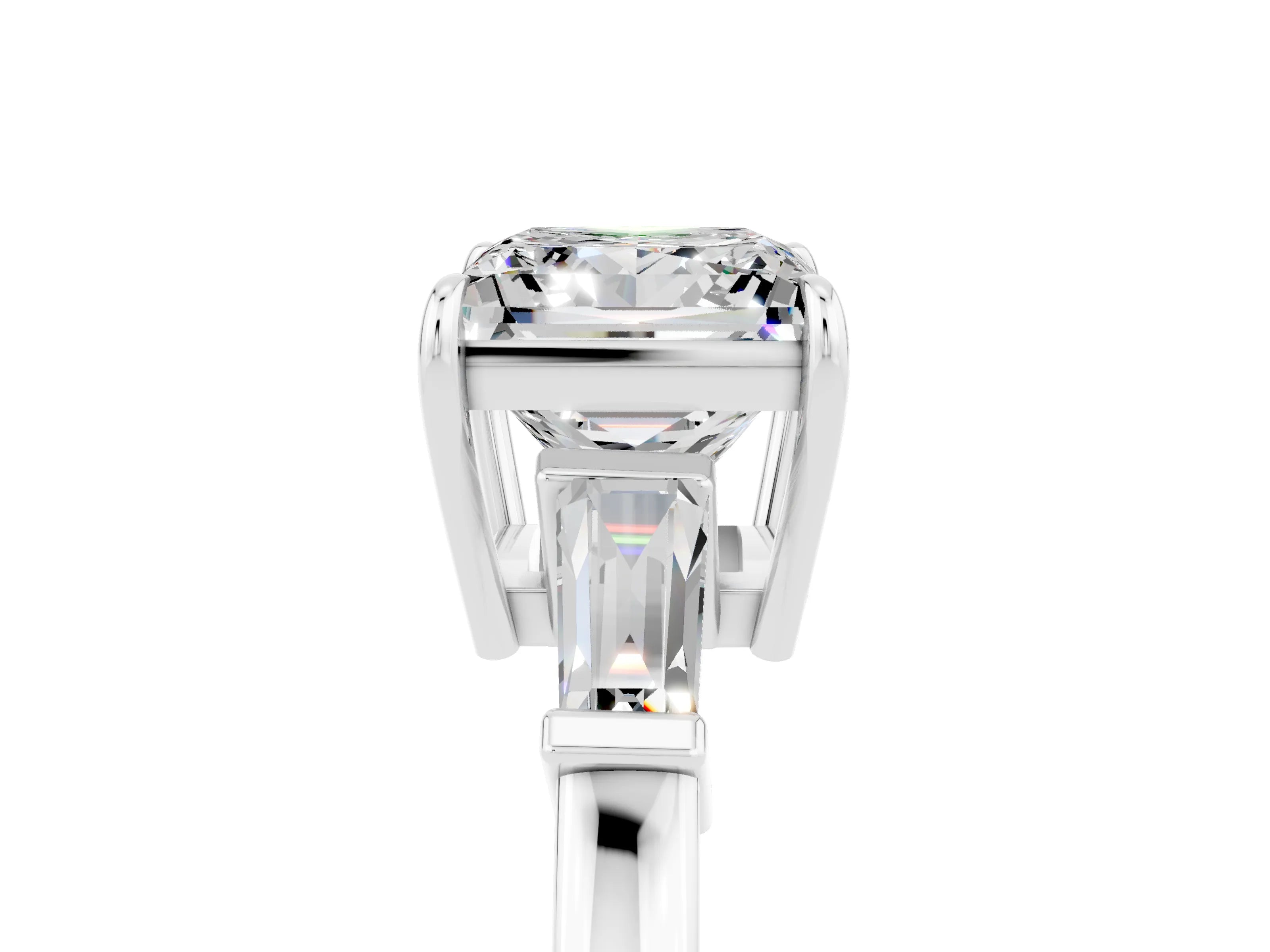 White gold Princess Cut Cut Diamond Ring with Tapered Baguette Side Stones in Four-Prong Setting_5