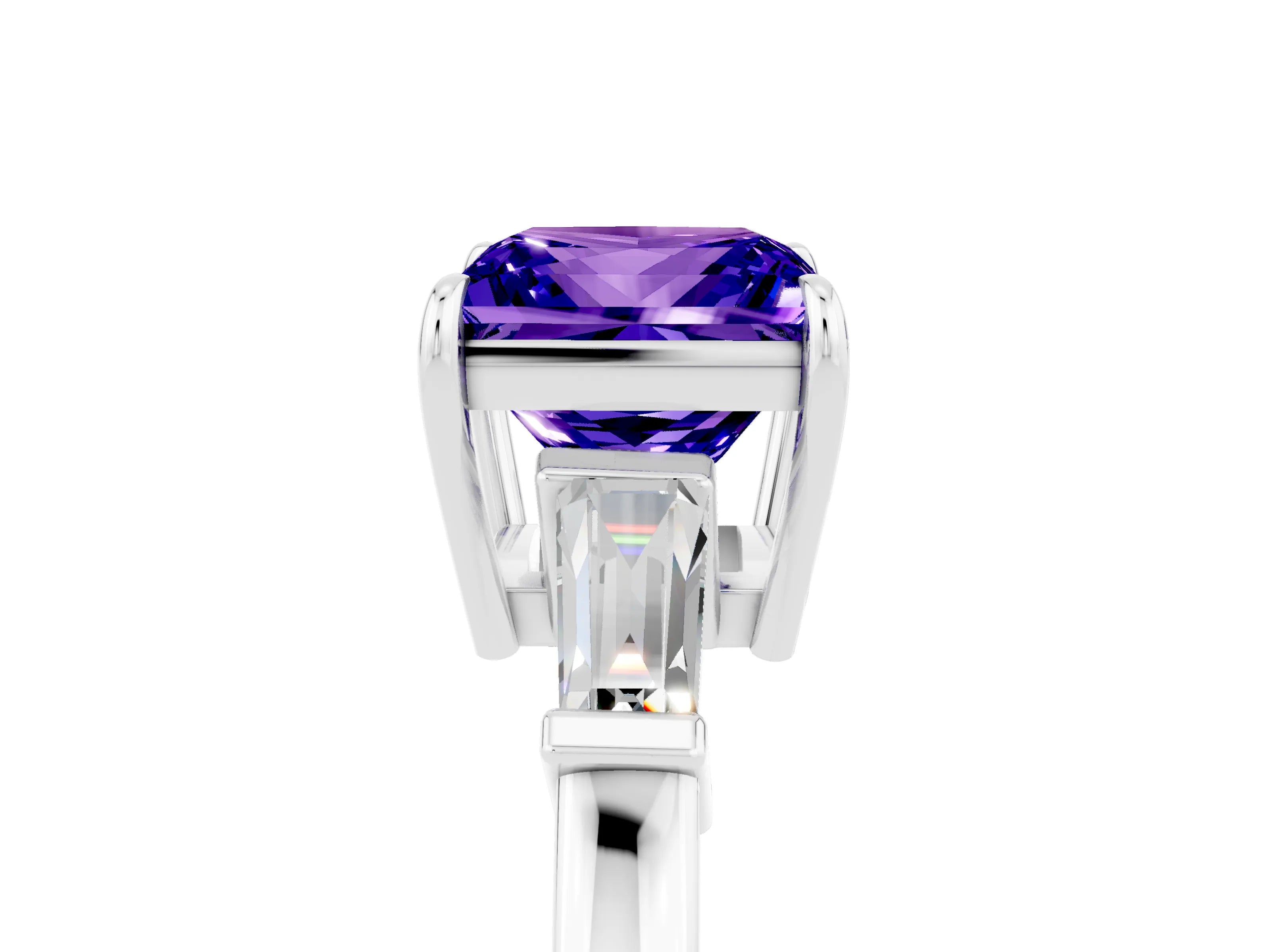 White gold Princess Cut Cut Diamond Ring with Tapered Baguette Side Stones in Four-Prong Setting_5