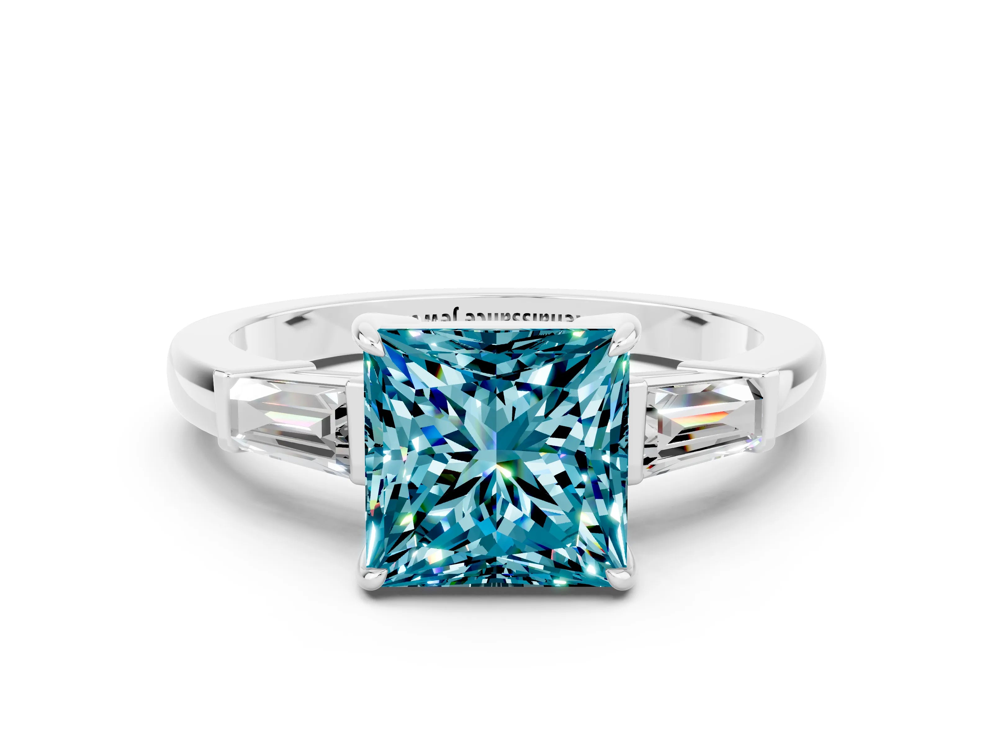White gold Princess Cut Cut Diamond Ring with Tapered Baguette Side Stones in Four-Prong Setting