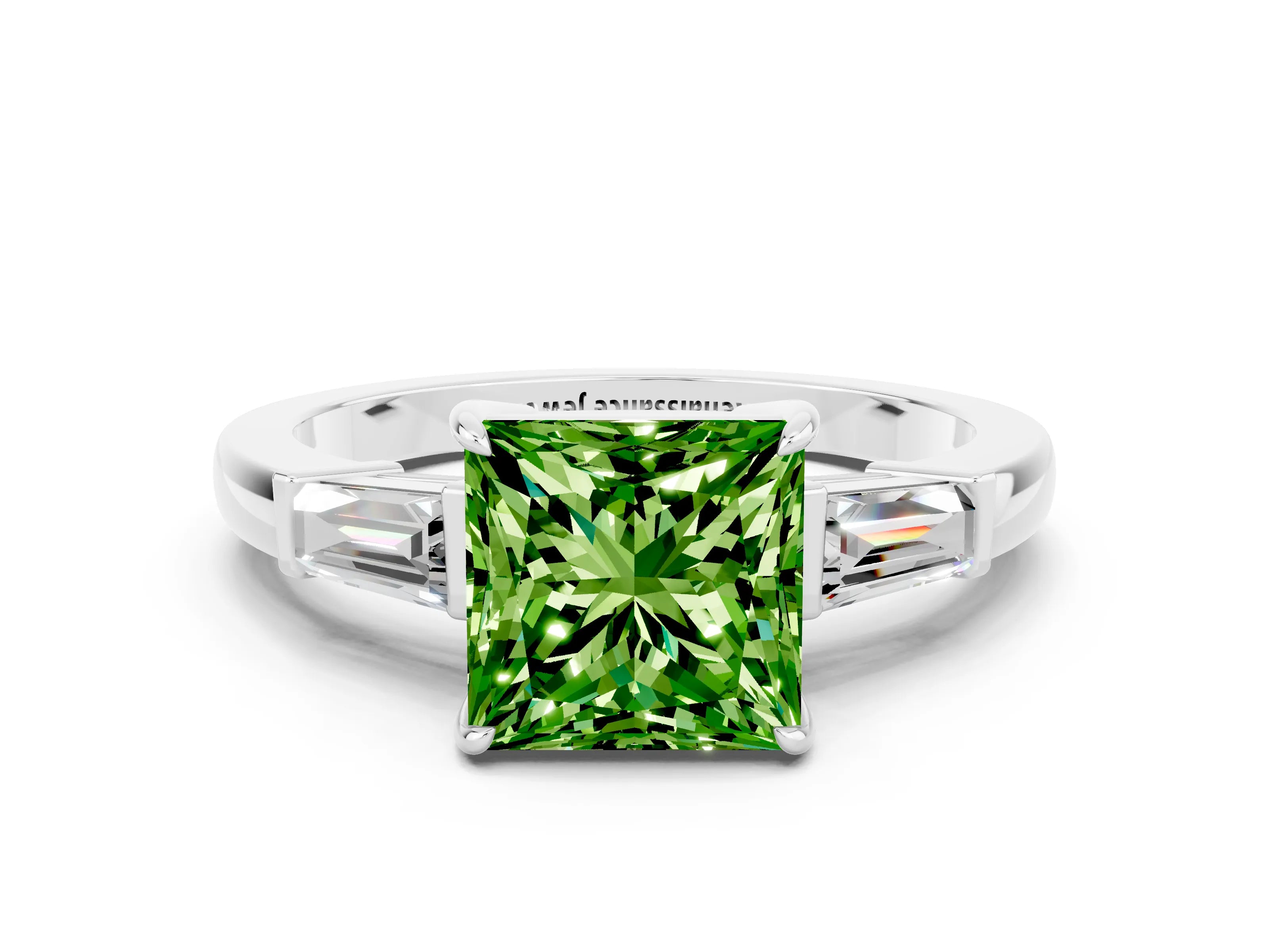 White gold Princess Cut Cut Diamond Ring with Tapered Baguette Side Stones in Four-Prong Setting