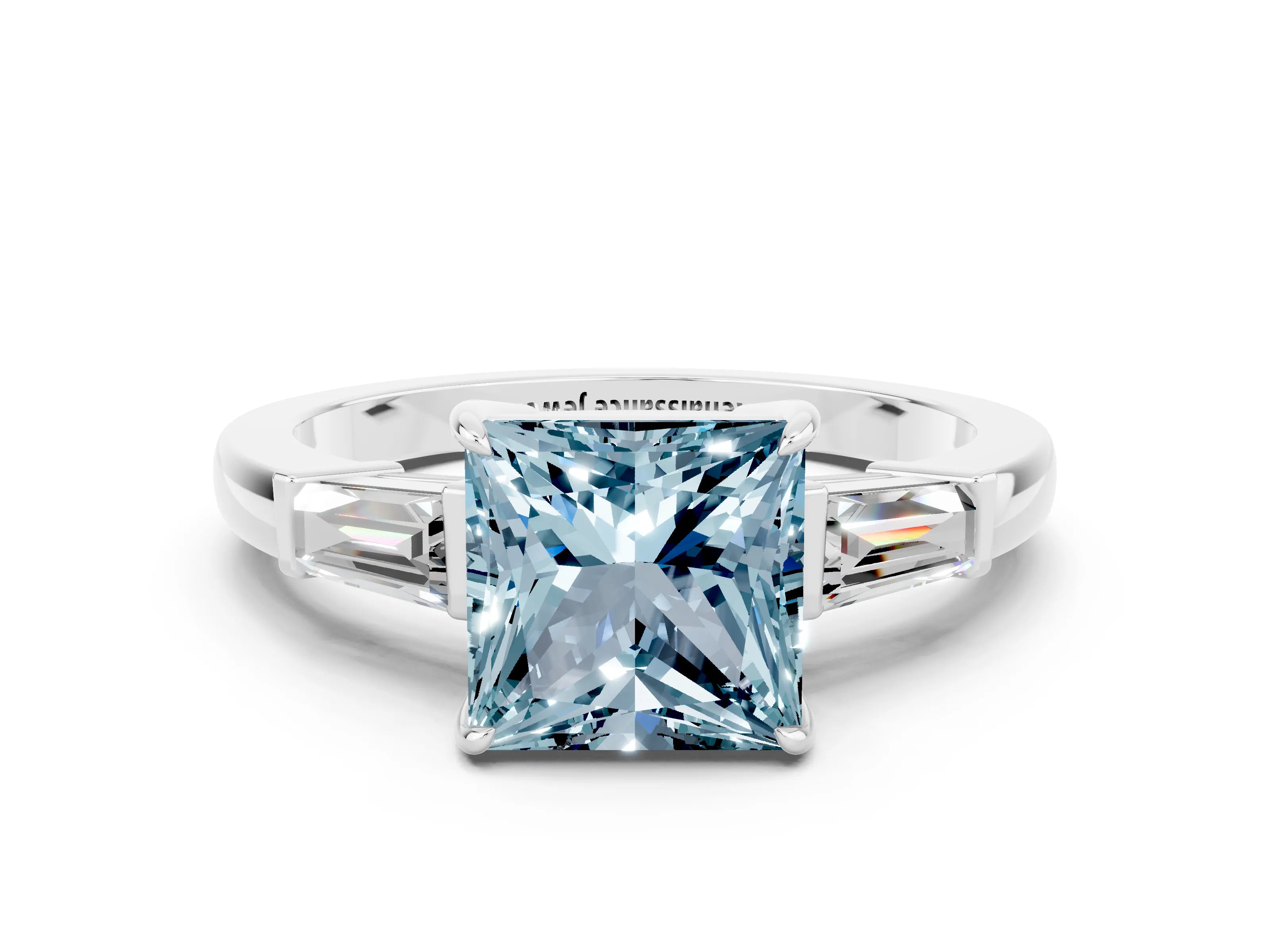 White gold Princess Cut Cut Diamond Ring with Tapered Baguette Side Stones in Four-Prong Setting