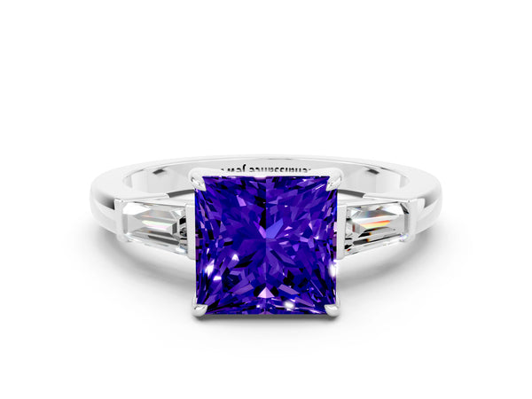 Silver Princess Cut Tanzanite Three-Stone Ring with Tapered Baguette Side Stones and Prong Setting