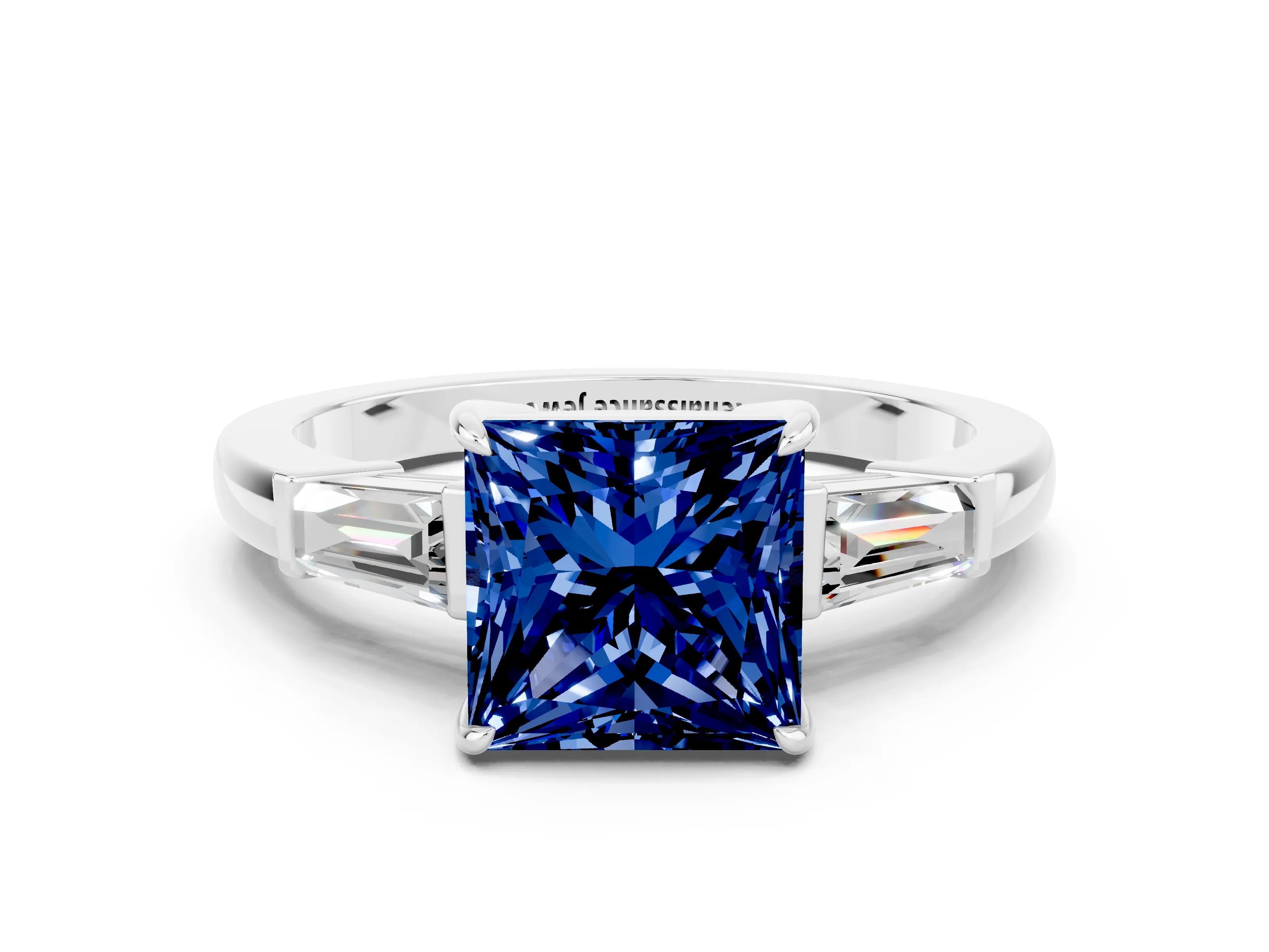 White gold Princess Cut Cut Diamond Ring with Tapered Baguette Side Stones in Four-Prong Setting