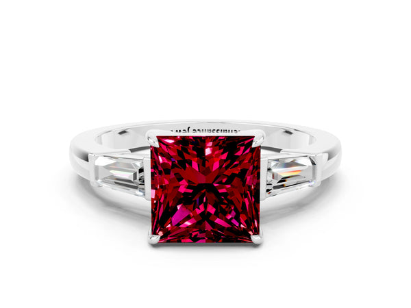 Silver Princess Cut Garnet Three-Stone Ring with Tapered Baguette Side Stones and Prong Setting