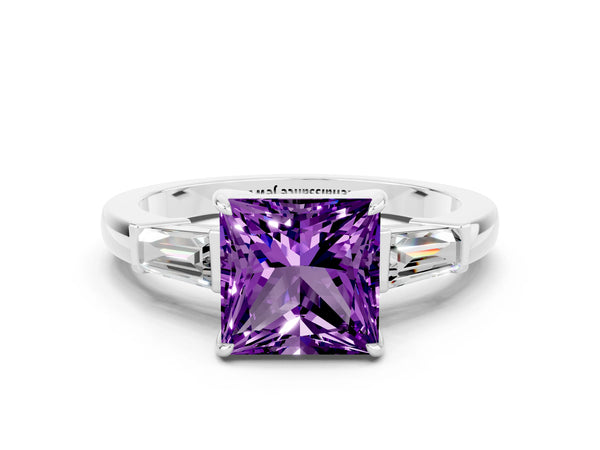 Platinum Princess Cut Amethyst Three-Stone Ring with Tapered Baguette Side Stones and Prong Setting