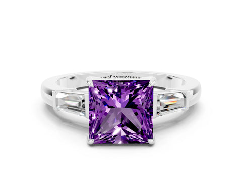 White gold Princess Cut Cut Diamond Ring with Tapered Baguette Side Stones in Four-Prong Setting